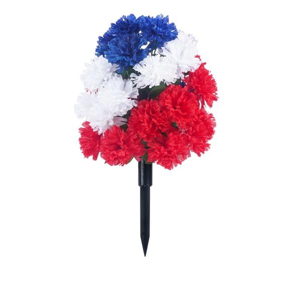 YFGEFTR Memorial Day Headstone Flower Saddle Cemetery Flowers for Grave Red White Blue Mums Artificial Memorial Floral with Vase Patriotic Bouquets Outdoor Tombstone Decoration for Headstone