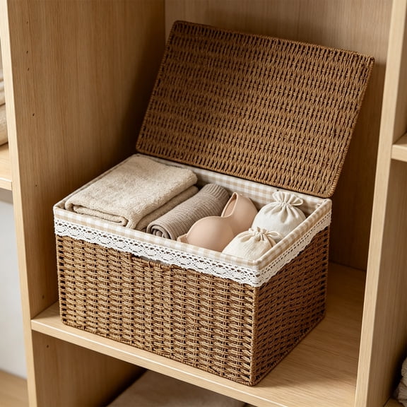 YFGEFTR Storage Basket with Lid, Woven Storage Bin with Handles & Removable Liner for Bedroom/Laundry Room