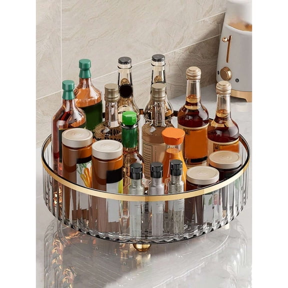 YFLXDMLYYSC 1pc Luxury Rotating Kitchen Turntable Storage Container, Transparent Spice Container, Living Room Desktop Storage Box, Grey