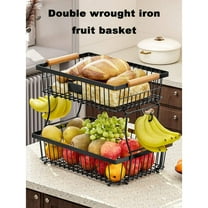 YFLXDMLYYSC 2 Tier Fruit Basket for Kitchen Counter with 2 Banana Hangers, Countertop Metal Fruit Bowl with Wooden Handle, Large Storage Stand for Vegetables, Snacks