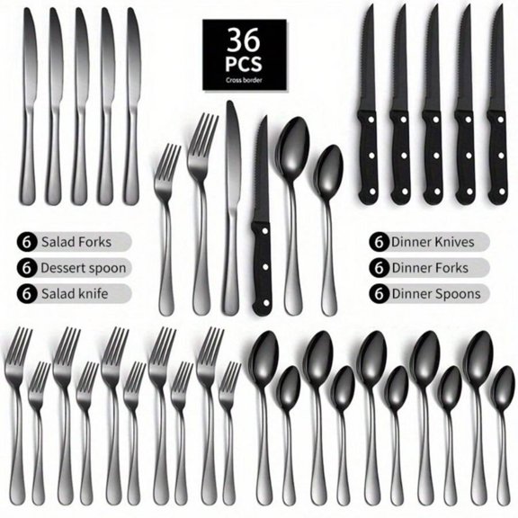 YFLXDMLYYSC 36pcs, Stainless Steel Cutlery Set with Knife, Fork, Spoon and Steak Knife, Mirror-Finish Kitchen Utensils Set, Dishwasher Safe