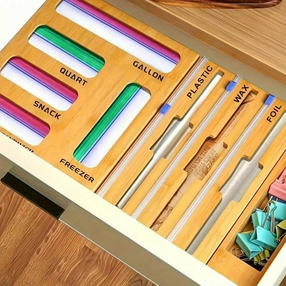 YFLXDMLYYSC  9 IN 1 Storage Bag Organizer for Kitchen Drawer, Bamboo Foil and Plastic Wrap with Cutter