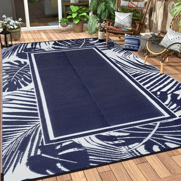 YFLXDMLYYSC Outdoor Plastic Straw Rug Navy Blue White Waterproof Outdoor Patio 5X8 6X9 8X10 9X12 Carpet Tropical Leaf Reversible Mat Modern Washable