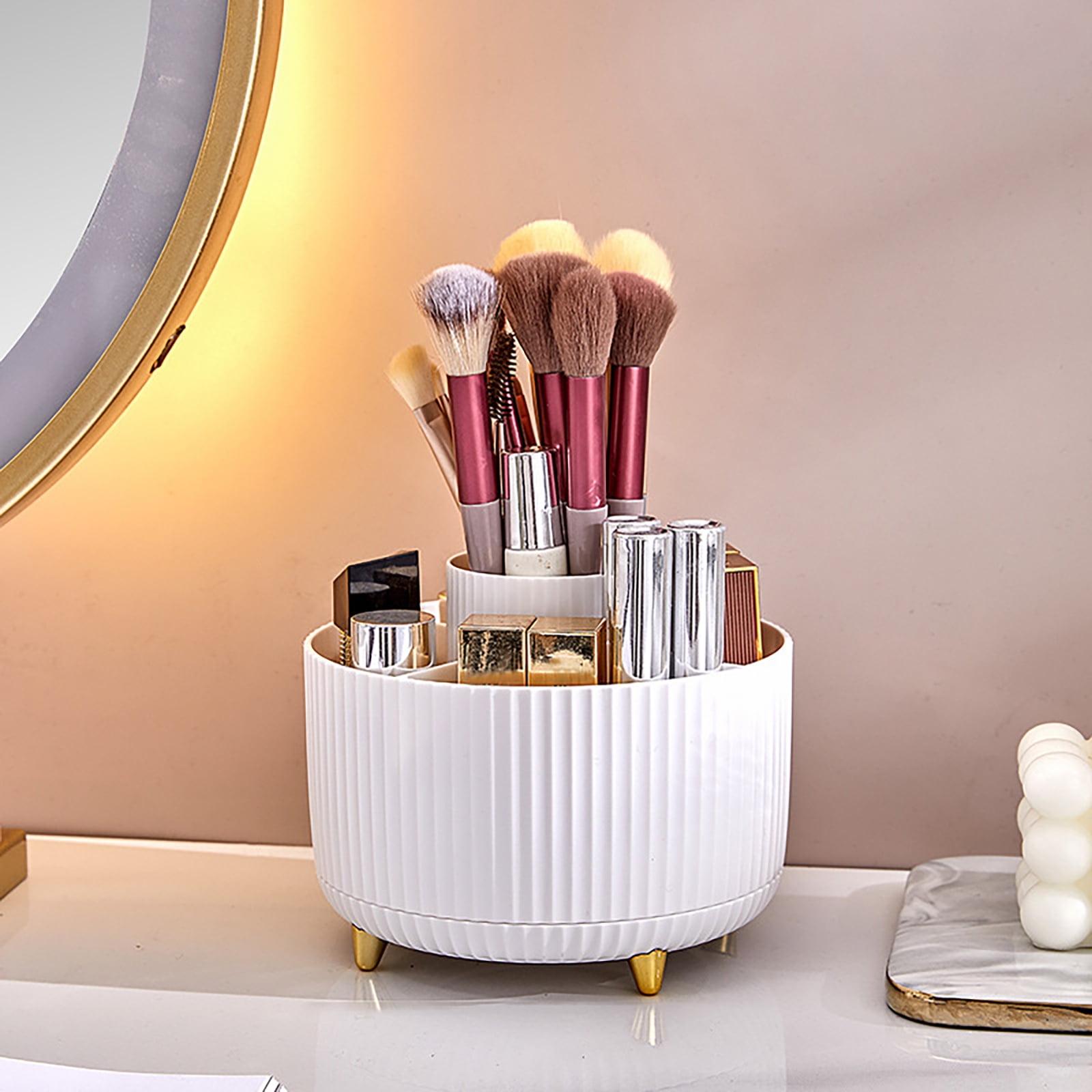 fanado 360° Rotating Makeup Brush Holder with Drawer, Makeup Organizer Countertop, Makeup Organization Skincare Storage for Vanity Desktop Bathroom (White)