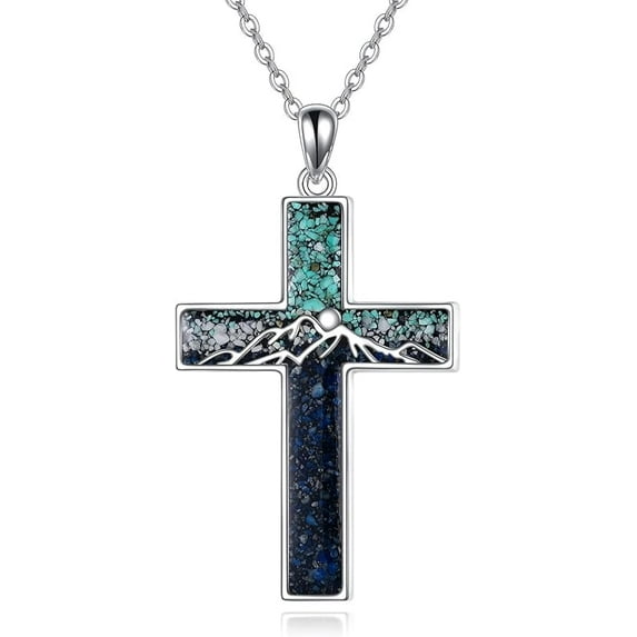 Cross Necklace Sterling Silver Mountain and Ocean Pendant Religious Jewelry Gifts for Women Men