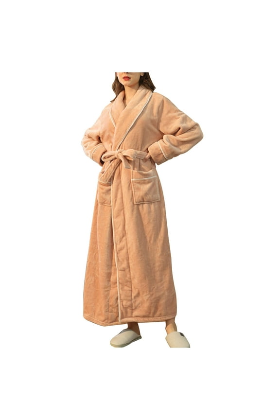 2024 Winter Fleece Robes for Women and Men Solid Long Sleeve Bath-Robe Thicken Warm Robe Soft Pockets Nightgown with Belt