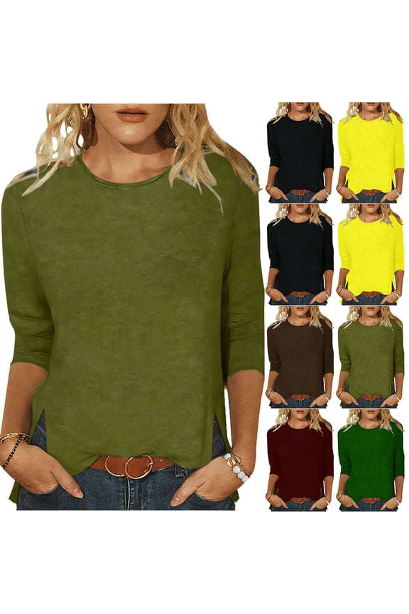 3/4 Length Sleeve Womens Tops with Side Split Dressy Casual Round Neck Summer Tunic Tops Basic Tees Loose Fit Blouses Pullover