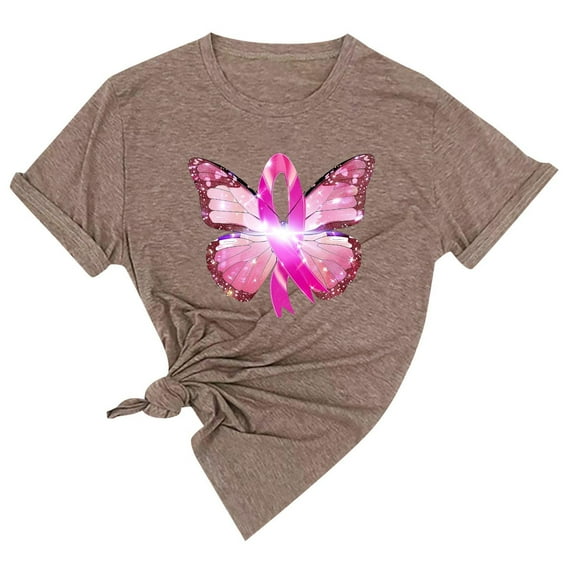 YFNNUP 3/4 Sleeve Breast Cancer Shirts for Women Pink Ribbon Butterfly Printed Shirt Casual Crewneck Tshirts Loose Fit T Shirt