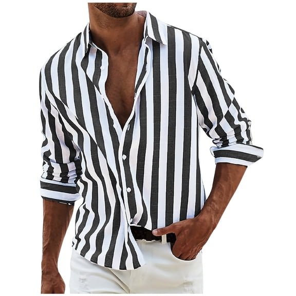 YFNNUP Beach Shirts for Men Stripe Long Sleeve Shirt Cotton Linen Lightweight Tops Casual Button Down Shirts