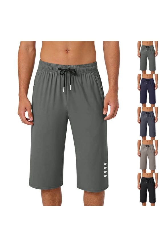 Big and Tall Workout Capri Pant for Men Summer Elastic Waist Quick Dry Trouser Lightweight Drawstring Workout Gym Trouser with Pockets Army Green L