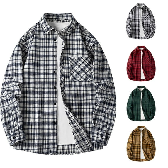 YFNNUP Big and Tall Plaid Shirt for Men Casual Button Down Tshirt Lightweight Long Sleeve T-Shirt Loose Fit Work Shirts with Pocket Green XXXL