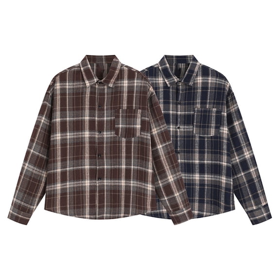 YFNNUP Big and Tall Plaid Shirts for Men Casual Button Down Shirt Oversize Lapel Long Sleeve Tshirt 2026 Spring Coats Coffee XXXL