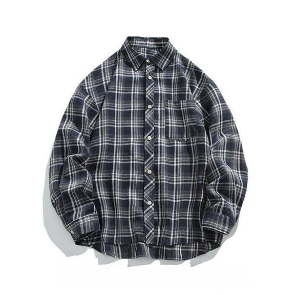 YFNNUP Big and Tall Plaid Shirts for Men Long Sleeve Button Down Shirt Autumn Winter Work Shirt Casual Plaid Western Shirts Navy XXL