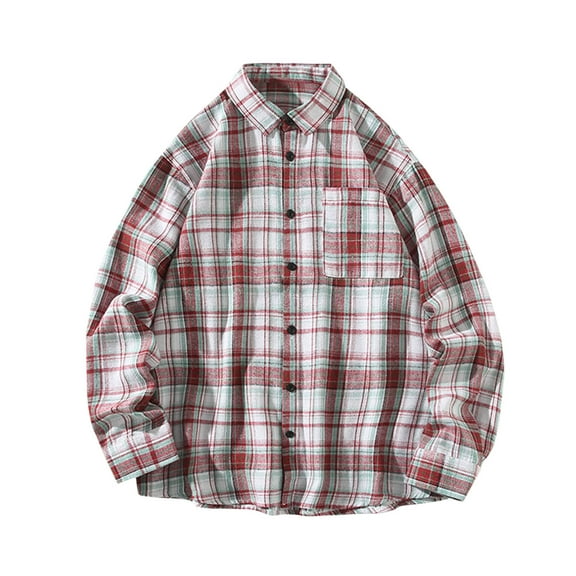 YFNNUP Big and Tall Shirts for Men Plaid Button Down Shirt Vintage Lapel Long Sleeve Tshirts Oversize Buffalo Plaid Tee Shirt Red XXXXL