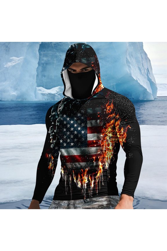 Big and Tall UPF 50+ Hoodies for Men Printed Sun Protection Shirt with Mask Lightweight Quick Dry Athletic Top Hiking Fishing Shirts Black XXL