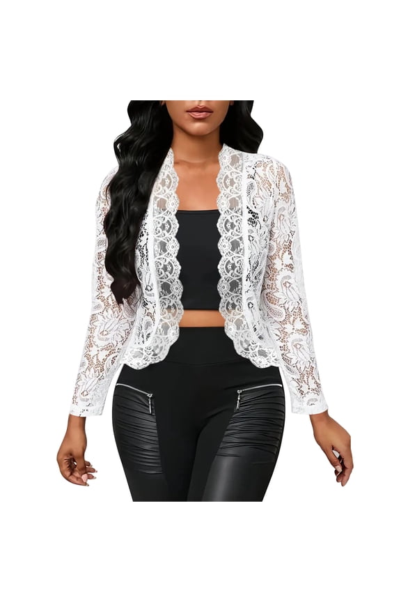 Bolero Cardigan for Women Sheer Lace Open Front Shrug Loose See Through Long Sleeve Cover Ups