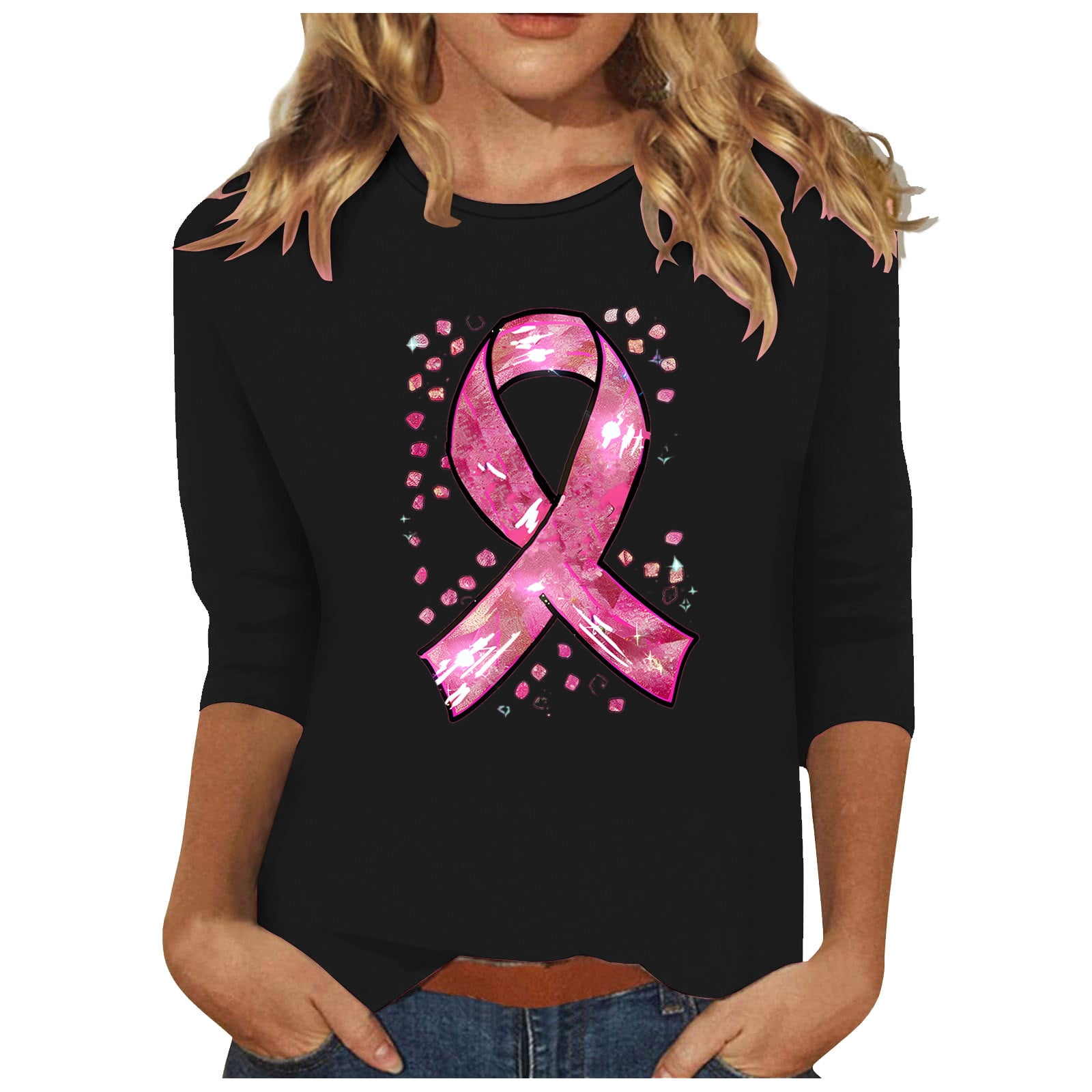 YFNNUP Breast Cancer Awareness 3/4 Sleeve Shirts for Women Pink Ribbon ...