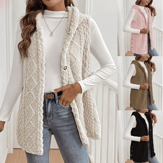 YFNNUP Cable Knit Long Vest for Women Sleeveless Open Front Cardigan Oversized Sherpa Vest Jacket Button Hooded Sweater Winter Coat Pink,S