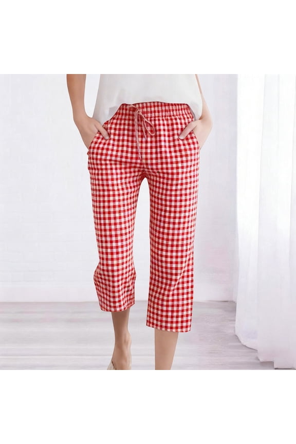 Capri Pants for Women Drawstring Wide Leg Trouser Striped Gingham Lounge Pants Summer Casual Y2k Trousers with Pocket Red M