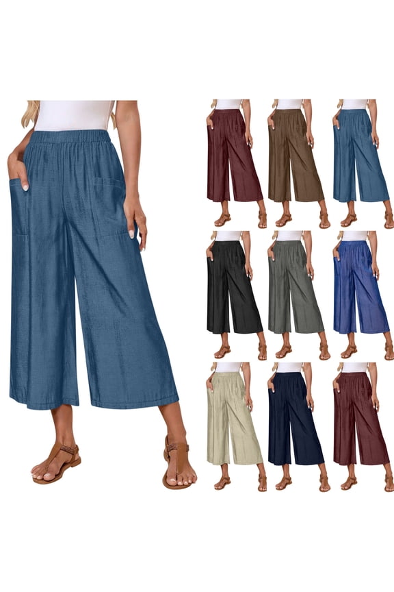 Capri Pants for Women Wide Leg Capris Jeans Baggy Elastic Waist Pull On Trouser Lightweight Loose Fit Denim Pant with Pockets Navy M