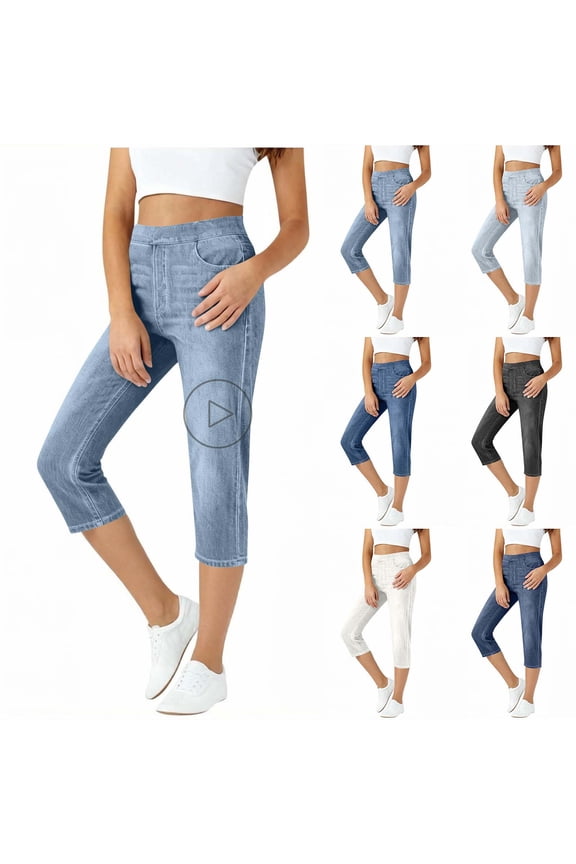 Capris Jeans for Women High Waisted Trendy Cropped Pant Elastic Waist Lounge Trouser Comfy Pull On Skinny Capri Pants White XL