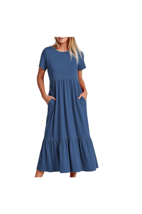 Today Sales Maxi Dresses for Women 2025 Short Sleeve Crewneck Dress Flowy Tiered Long Sundress with Pockets Boho Dress Dressy Casual Dress for Women