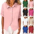 thumbnail image 1 of YFNNUP Cotton Linen Button Down Shirts for Women Short Sleeve V Neck Collared Dress Shirt Solid Color Summer Dressy Blouses Work Tops, 1 of 9