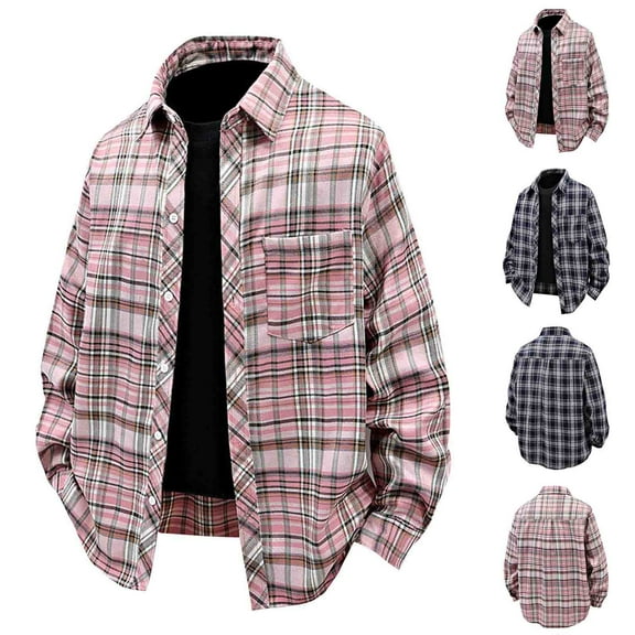 YFNNUP Flannel Shirt for Men Long Sleeve Plaid Tshirt Casual Button Down Shirts Jacket Lightweight Work Tshirt with Pockets Pink XL