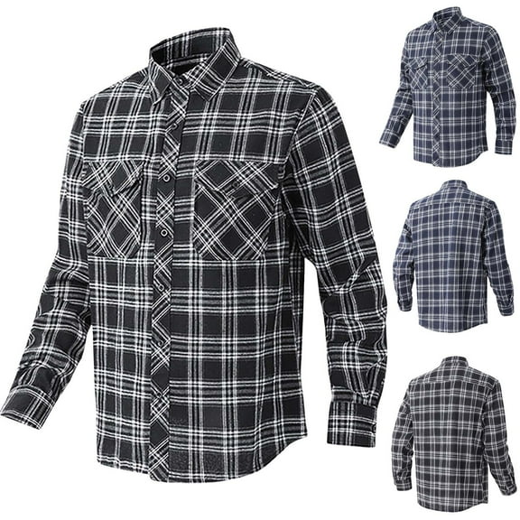 YFNNUP Flannel Shirts for Men Casual Button Down Plaid Shirt Outdoor Lapel Overshirt with Flap Pockets Vintage Long Sleeve Tops Navy S