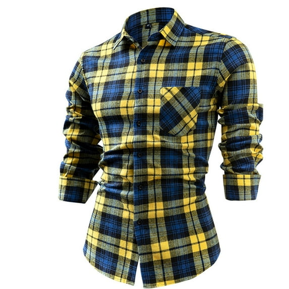 YFNNUP Flannel Shirts for Men Fashion Plaid Business Shirt Casual Button Down Lapel Outwear Slim Fit Long Sleeve Top Multicolor M