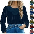 thumbnail image 1 of YFNNUP Lace Patchwork Long Sleeve Velvet Blouses for Women Round Neck Casual Comfy Spring Tops Solid Color Pleated Velour Work Office Shirts, 1 of 7