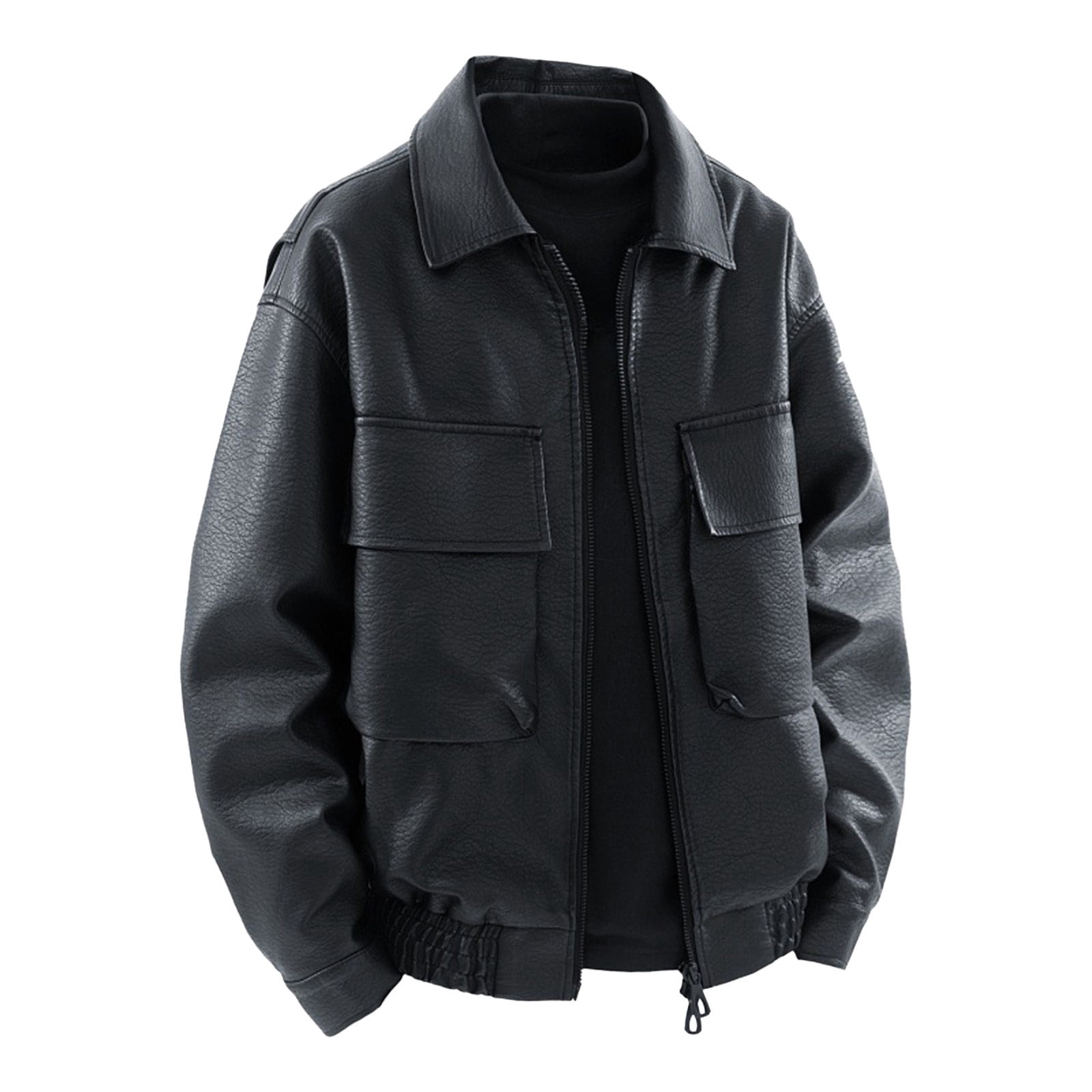 YFNNUP Leather Jacket Men Big and Tall Zipper Pu Jackets Mens Lapel Motorcycle Coats with Pockets Black