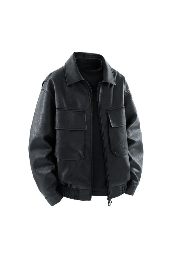 Leather Jacket Men Big and Tall Zipper Pu Jackets Mens Lapel Motorcycle Coats with Pockets Black