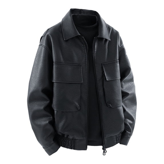 YFNNUP Leather Jacket Men Big and Tall Zipper Pu Jackets Mens Lapel Motorcycle Coats with Pockets Black