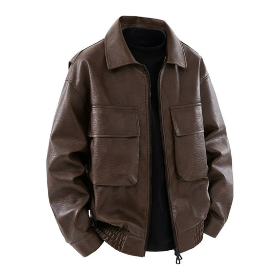 YFNNUP Leather Jacket Men Big and Tall Zipper Pu Jackets Mens Lapel Motorcycle Coats with Pockets Coffee