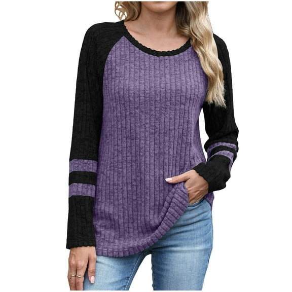 YFNNUP Long Sleeve Tshirt for Women Trendy Color Block Knit Tops Soft Crewneck Patchwork Tunic Tops Casual Work Tee Shirts