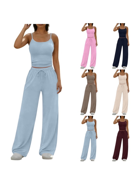 Lounge Sets for Women 2 Piece Sleeveless Shirt and Wide Leg Pant Lightweight Camisole Shirt & Elastic Waist Lounge Trouser Sets Navy L