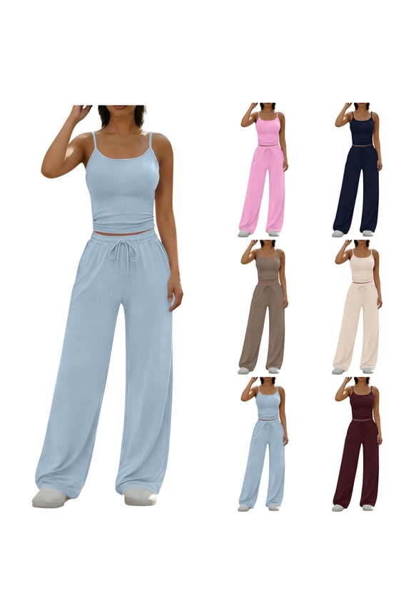 Lounge Sets for Women 2 Piece Sleeveless Shirt and Wide Leg Pant Lightweight Camisole Shirt & Elastic Waist Lounge Trouser Sets Wine M