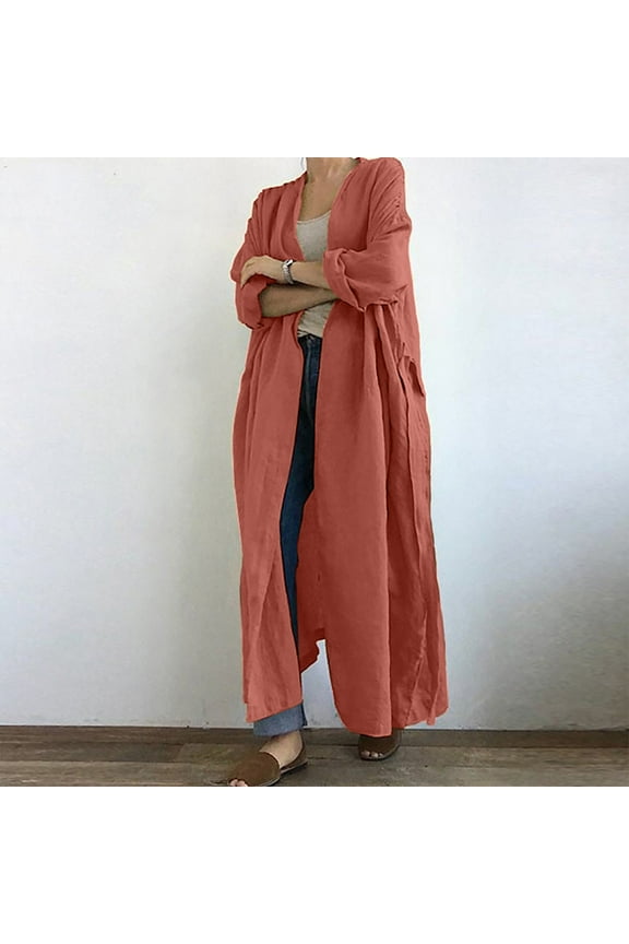 Maxi Long Trench Coats for Women Cotton Lined Open Front Cardigan Coat Plus Size Ruffle Belted Cover Up Tops