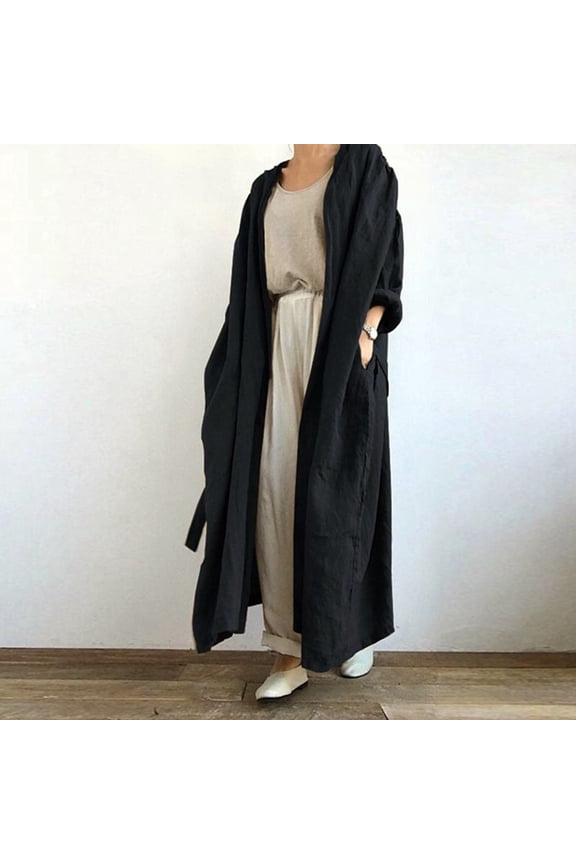 Maxi Long Trench Coats for Women Cotton Lined Open Front Cardigan Coat Plus Size Ruffle Belted Cover Up Tops
