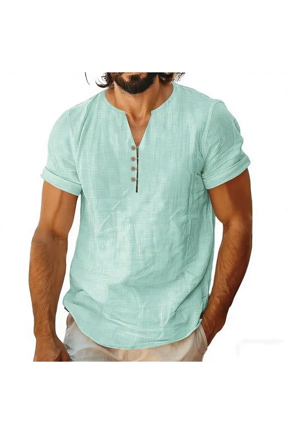 Men Casual Henley Shirt Cotton Linen Beach Hippie T-Shirts Short Sleeve Casual Basic Tee