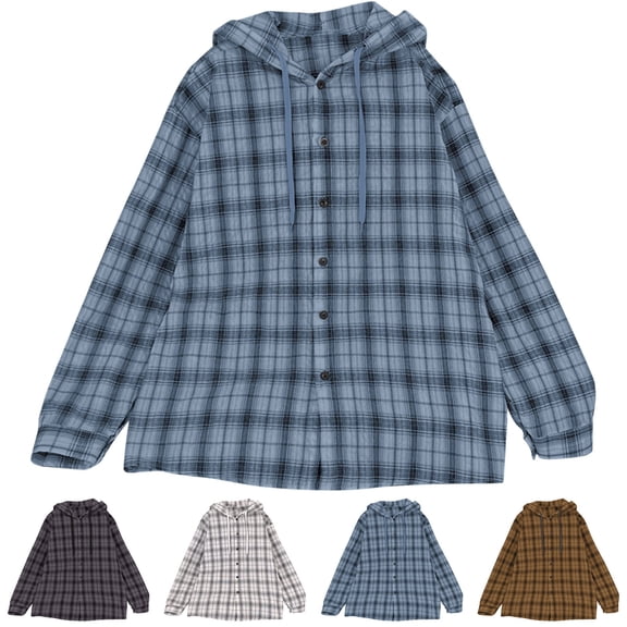 YFNNUP Men Flannel Hoodie Shirts Casual Button Down Plaid Shirt Jackets for Men Long Sleeve Stylish Shirt with Hooded Gray XXL