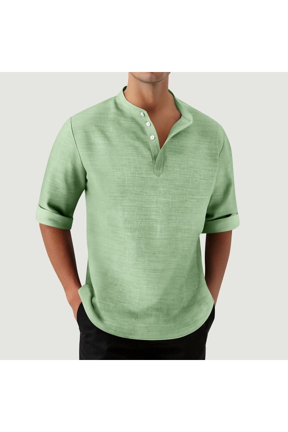 Men Henley Shirts Three Quarter Sleeve Button Up T-Shirts Casual Stretch 3 Button Plain Basic Tees Summer Hippie Vacation Tops Green