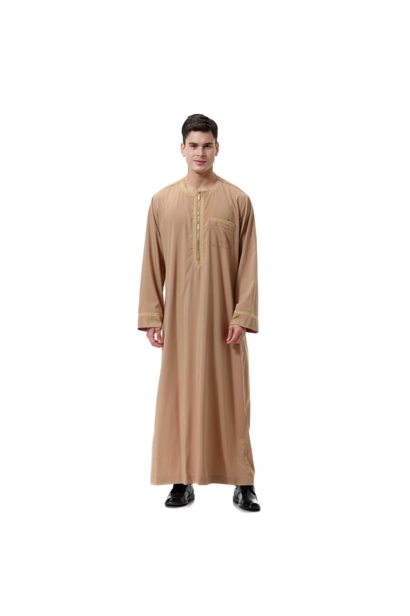 Men Long Sleeve Thobe Casual Button Crewneck Kaftan Robes Casual Cotton Linen Muslim Gown Breathable Spa Robe