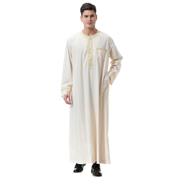 YFNNUP Men Long Sleeve Thobe Casual Button Crewneck Kaftan Robes Casual Cotton Linen Muslim Gown Breathable Spa Robe