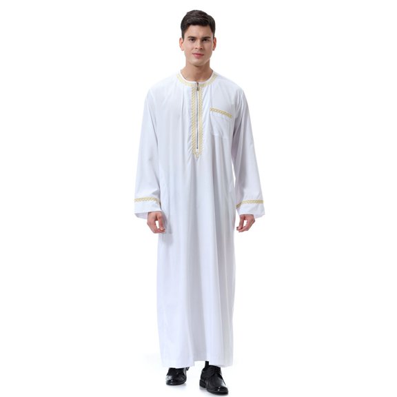 YFNNUP Men Long Sleeve Thobe Casual Button Crewneck Kaftan Robes Casual Cotton Linen Muslim Gown Breathable Spa Robe