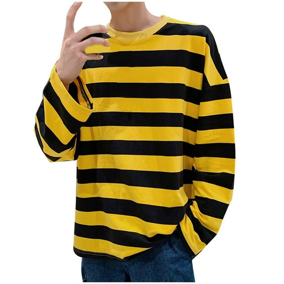 YFNNUP Men Striped Long Sleeve T-Shirt Round Neck Pullover Tee Cozy Pajams Tops