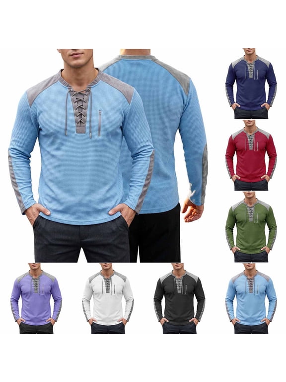 Men Waffle Elbow Patch Shirt Casual Outdoor Long Sleeve Spring Pullover Drawstring Workout Shirts Black,L