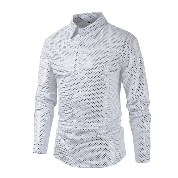 YFNNUP Men's 70s Disco Shirts Luxury Metallic Sequins Button Down Long Sleeve Party Shirt Nightclub Costume Tops