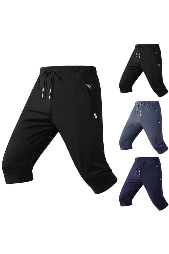 Men's Athletic Capris Elastic Waist Ice Silk Shorts Lightweight Workout Trouser Drawstring Gym Sweatpants with Zip Pockets Gray L